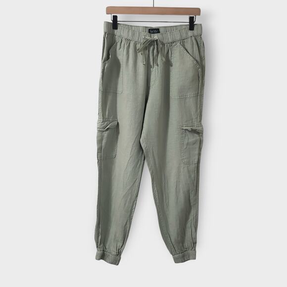 Nicole Miller 100% Linen Cargo Jogger Pants Green Large Casual Drawstring Pocket - Picture 1 of 11